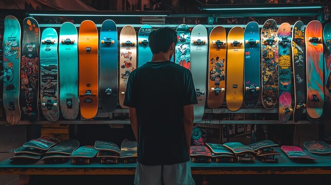 A person stands in front of a display of skateboards, contemplating their next purchase.