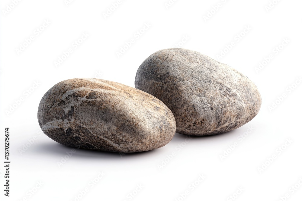 Poster two smooth pebbles showing natural patterns resting on a white background