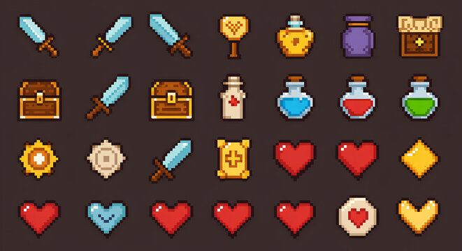 Collection of retro pixel art icons for video game assets and design elements