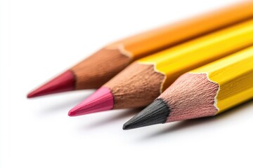 Close-up of Three Colorful Pencils on White Background in a Row