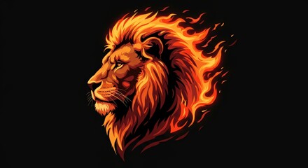 Fierce Lion in Flames Against Black Background  