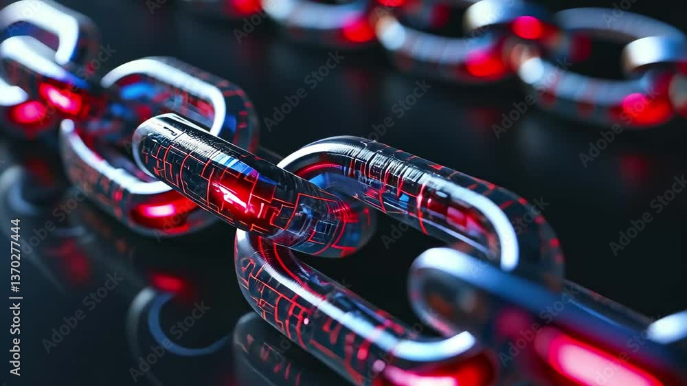Poster futuristic chains with a shiny, metallic surface and illuminated blue and red highlights are display