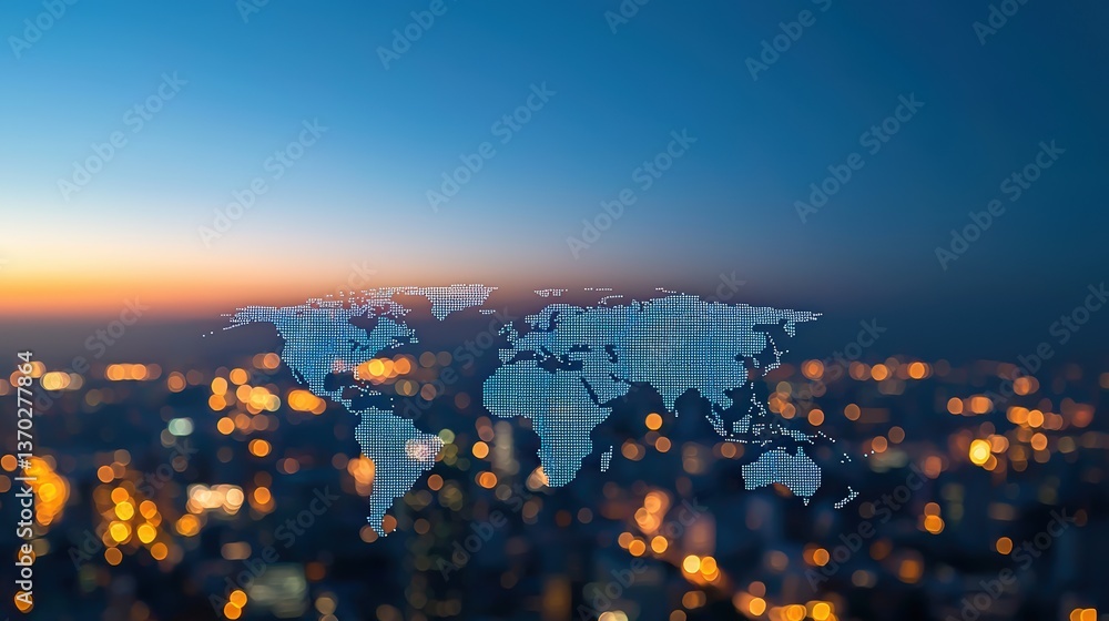 Poster a digital world map overlaying a blurred cityscape at dusk, highlighting the connection of global ne