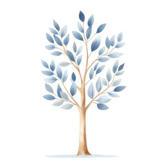 Obraz premium Stylized tree illustration with blue leaves and a brown trunk on a white isolated background, perfect for nature-themed designs and environmental projects.