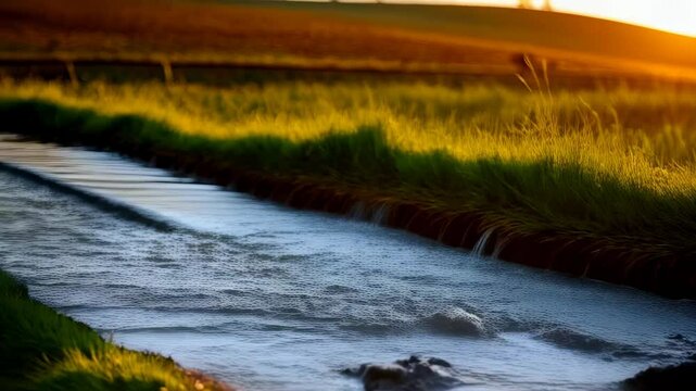 Construction work on a residential property with a drainage pipe laid in a field during sunset