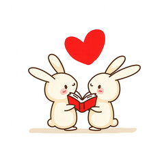 Fototapeta premium Two adorable rabbits reading a book together with a heart above them, symbolizing love and connection. Perfect for Valentine's Day or romantic themes.