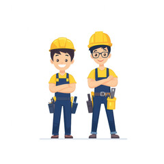 Fototapeta premium Two cheerful construction workers in yellow hard hats and blue overalls, standing confidently with their arms crossed, ready to tackle any project.