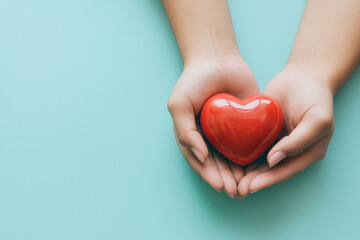 Fototapeta premium Hands gently holding a red heart on a pastel blue background—symbolizing love, care, and generosity