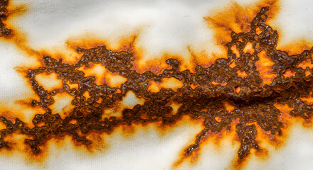 Abstract depiction of rust stains creating intricate patterns on white fabric