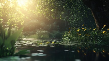 Calm Pond Water Reflecting Sunlight and Greenery with Yellow Flowers