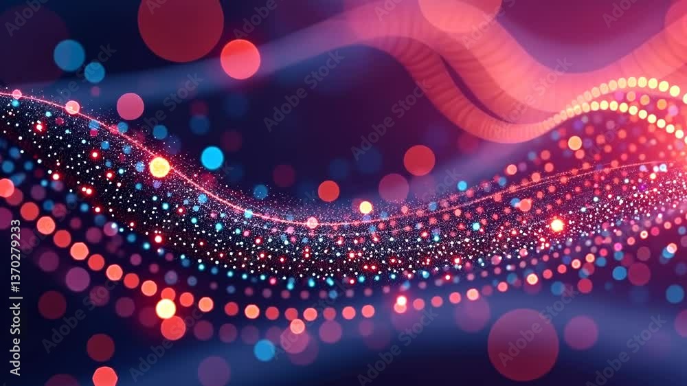 Poster a blue and pink swirl of light with many small dots. the dots are in different colors and sizes
