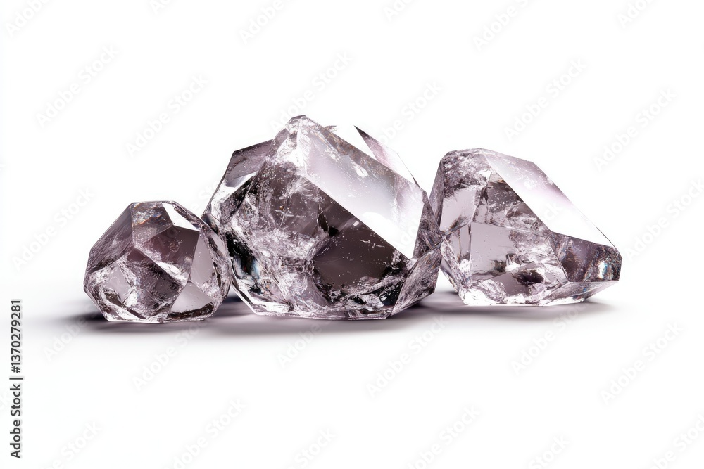 Poster close-up of three quartz crystals sparkling on white background