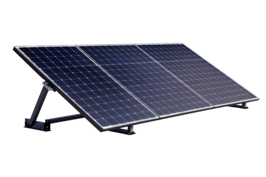 Modern solar panel array showcasing clean energy technology with multiple photovoltaic modules on an adjustable frame against a minimalist background