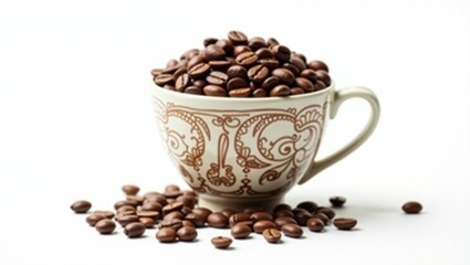 Fototapeta premium Coffee in a cup with coffee beans outside the cup and a white background.