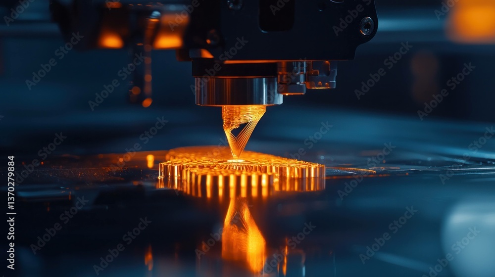 Poster precision laser cutting machine working on intricate design processing, showcasing vibrant orange gl