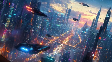 Obraz premium Futuristic city skyline at sunset with flying vehicles.