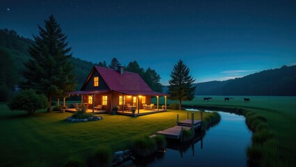 Fototapeta premium Tranquil lake home reflects summer sky near river trees