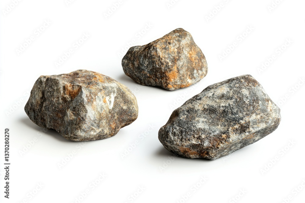 Poster three isolated rocks on white background with detailed textures and patterns