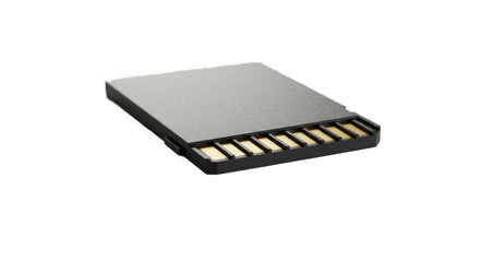 Close-up view of a modern SD card showing its gold connectors on white backdrop