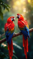 Fototapeta premium Vibrant scarlet macaws perched on a branch, surrounded by lush greenery and dappled sunlight, showcasing striking colors and natural beauty.