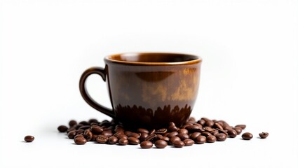 Obraz premium Coffee in a cup with coffee beans outside the cup and a white background.