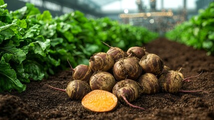 Peeled sugar beets on moist soil with beet greens and a sugar refinery in the background