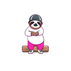 Fototapeta premium A cheerful cartoon sloth wearing a stylish hat and pink pants, resting on a log