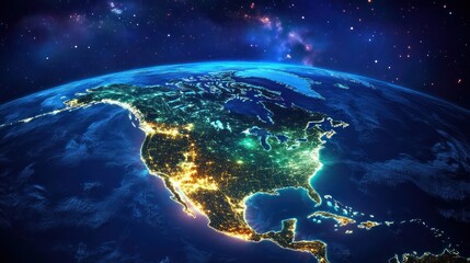 Fototapeta premium Night view of North America from space, showing city lights and geographical features.