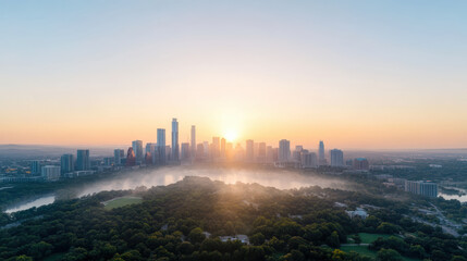 Fototapeta premium stunning city skyline dawn, with skyscrapers emerging from mist and sunlight illuminating scene