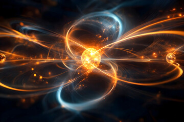 Glowing atomic structure with energy waves and particles in abstract space