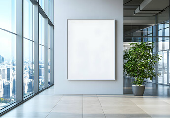 White wall in a modern office interior with panoramic windows and a city view