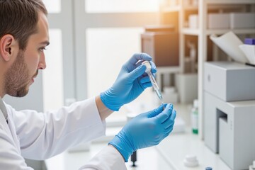 Male Scientist in Laboratory Performing Research with Pipette Under Bright Natural Light Surrounded by Laboratory Equipment and Supplies