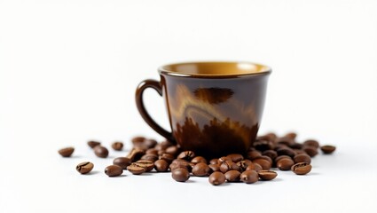 Fototapeta premium Coffee in a cup with coffee beans outside the cup and a white background.