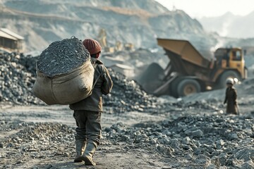 A child carrying a large sack of raw materials on their back in a hazardous mining environment, with distant figures and machinery.Child exploitation,child labor,children workers.