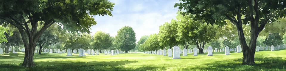serene watercolor style depiction of cemetery with rows of white headstones surrounded by lush green trees and bright.