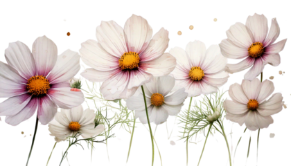 delicate digital illustration of white cosmos flowers with golden-yellow centers, gently flowing in air isolated on transparent white background, PNG Generative image.