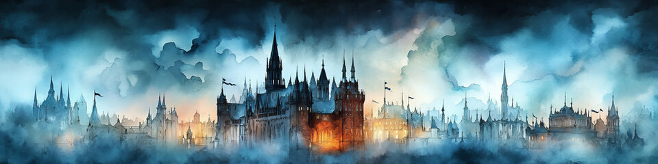 Fototapeta premium Dramatic watercolor storm clouds gathering over historic city center, with glowing lights and gothic architecture.