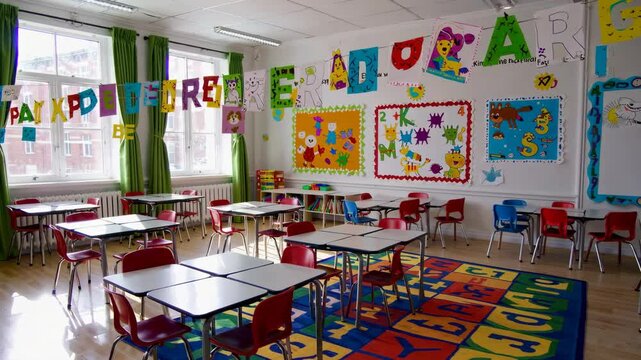 Bright classroom environment with colorful decorations and empty desks in a sunlit learning space