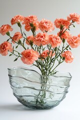Obraz premium Stylish flat glass vase with coral carnations on a bright white background