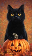Black Cat, Pumpkin, Autumn