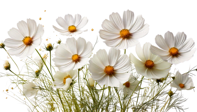 delicate digital illustration of white cosmos flowers with golden-yellow centers, gently flowing in air isolated on transparent white background, PNG Generative image.