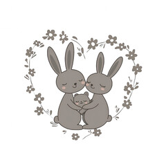 Obraz premium A cute illustration of a family of rabbits embracing in a heart shape made of flowers, symbolizing love and togetherness. Perfect for children's decor or family-themed projects.