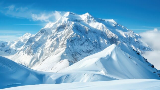 Majestic snow-capped mountain peak against a clear blue sky, showcasing the rugged beauty of the winter landscape and pristine unt