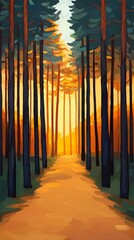 Fototapeta premium Serene Sunset Path Through Majestic Pine Forest Tranquil Nature Scene Foreground View Vibrant Colors
