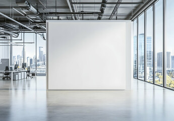 White wall in the middle of an open-plan office with glass windows overlooking city buildings