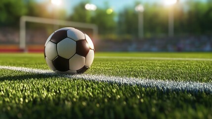 Obraz premium Soccer Ball on Green Field Ready for Game with Blurred Crowd
