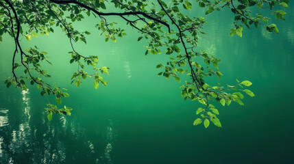 Branches with Leaves Overhanging a Green Water Body