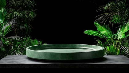 Green pedestal with tropical leaves, and dark.
