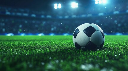 Fototapeta premium Soccer Ball on Field at Stadium with Bright Lights Shining Above