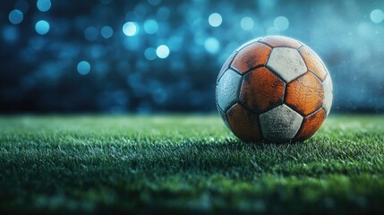 Soccer Ball Resting on the Grass Field Under Night Lights